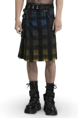 Black blue yellow gradient tartan gothic kilt front view male model metallic chain detail