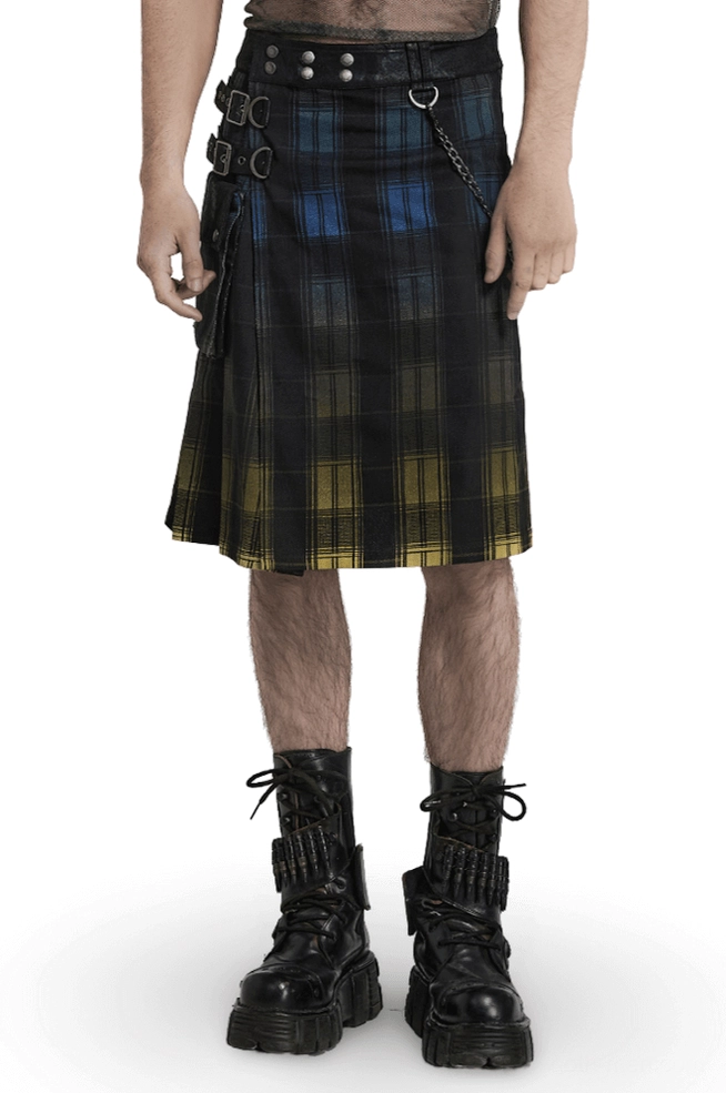Black blue yellow gradient tartan gothic kilt front view male model metallic chain detail