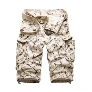 Graffiti gothic cargo shorts in beige with multi-pocket design and adjustable drawstring, front flat lay view on white background