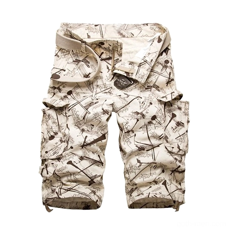 Graffiti gothic cargo shorts in beige with multi-pocket design and adjustable drawstring, front flat lay view on white background