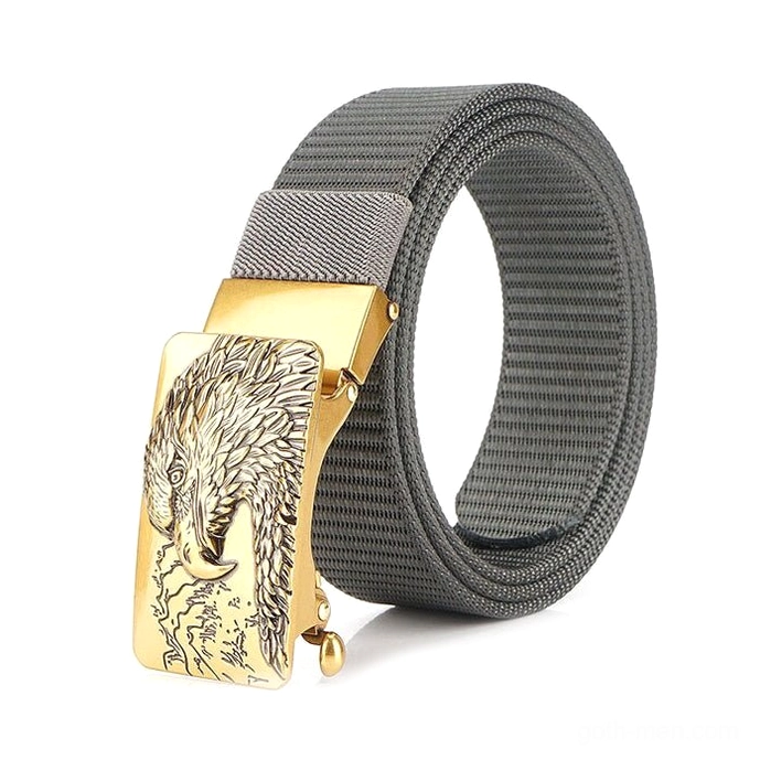 Dark gray tactical canvas belt with gold-toned eagle buckle showcasing moody gothic color option and metal hardware finish