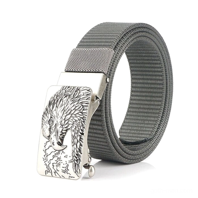 Gray gothic canvas military belt with silver-toned eagle buckle three-quarter angle emphasizing neutral gothic aesthetic