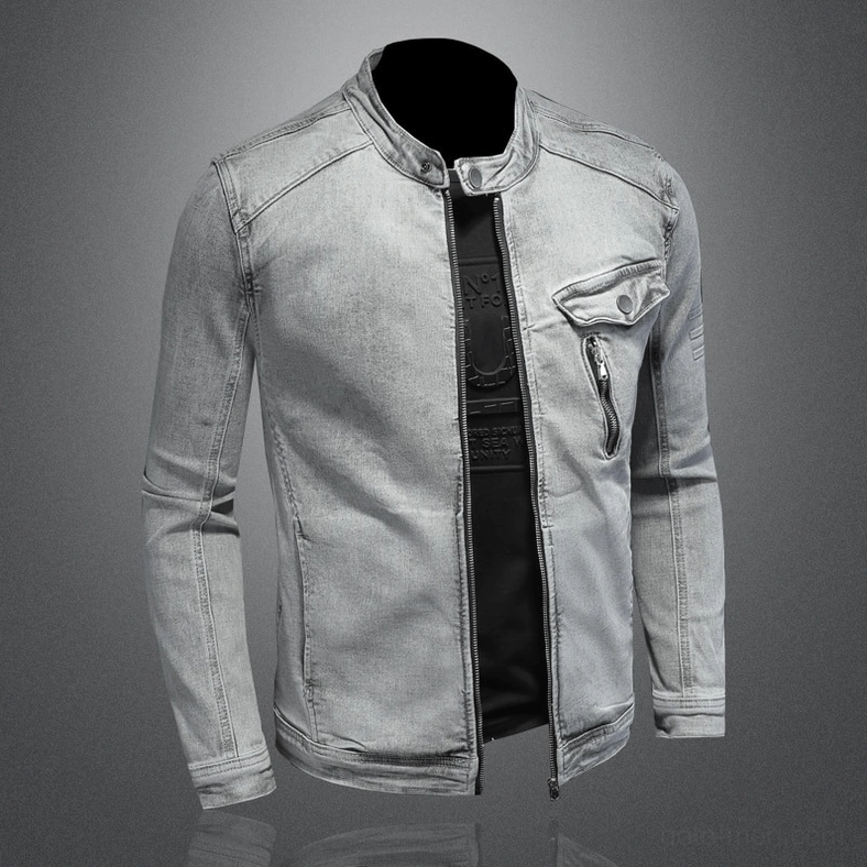 Gray denim stand collar jacket left side view showcasing smooth washed denim texture