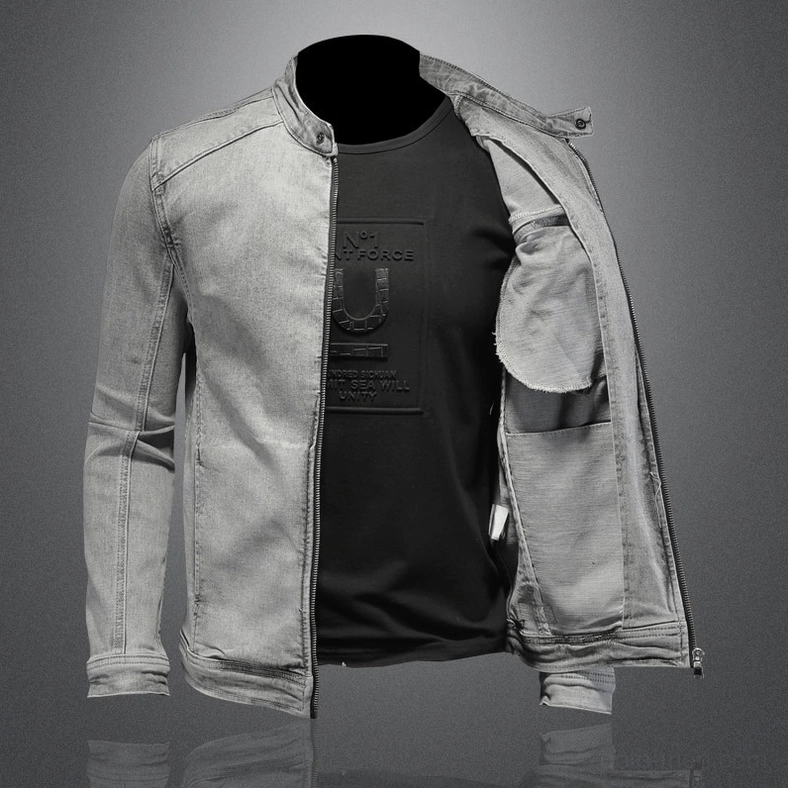 Men's gray denim jacket open front unzipped displaying inner lining and printed graphic tee