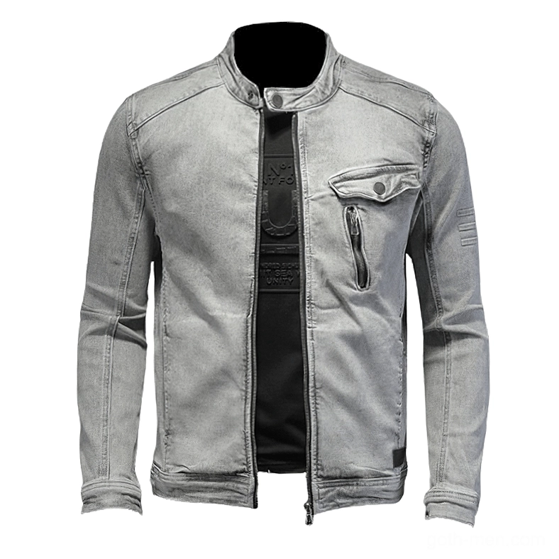 Men's gray denim stand collar jacket three-quarter right angle view with black inner tee