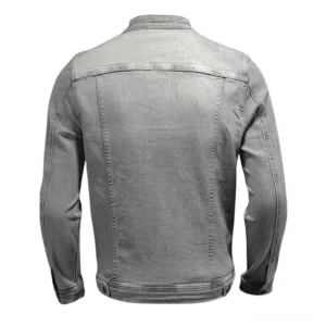 Gray denim gothic jacket rear view showing back yoke seam and ribbed hem detail