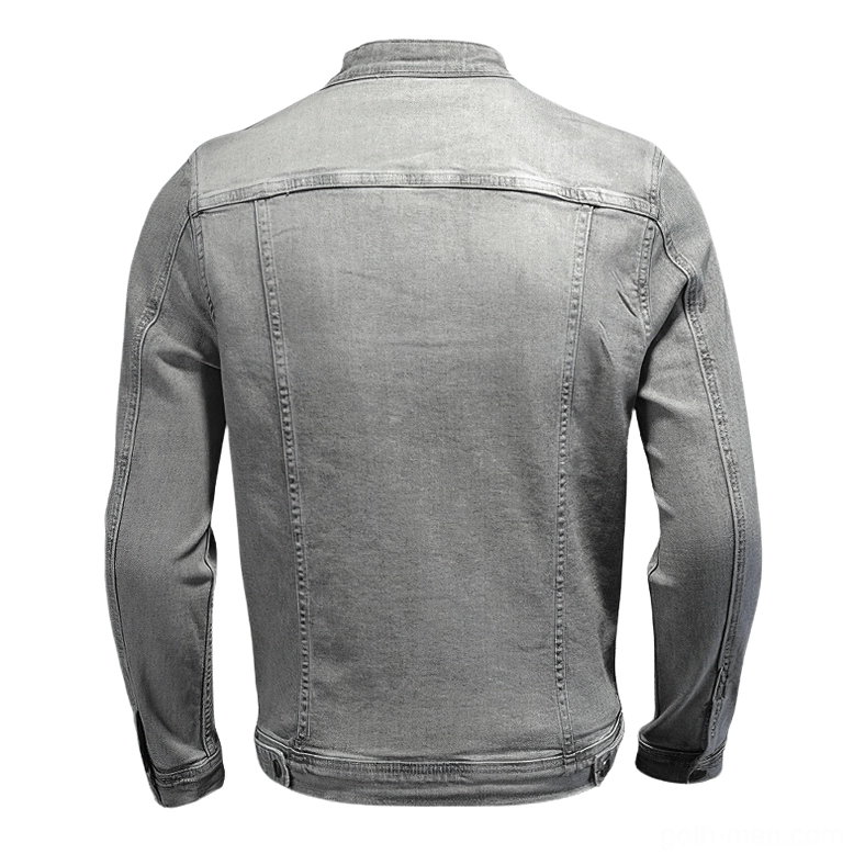 Gray denim gothic jacket rear view showing back yoke seam and ribbed hem detail