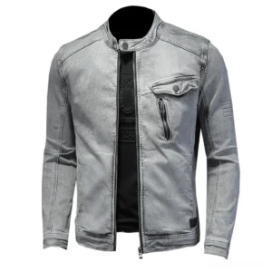 Men's gray denim stand collar jacket front view with metal snap buttons and full zipper closure