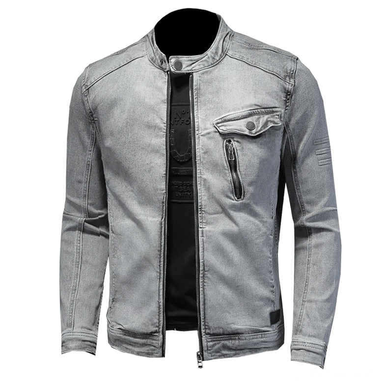 Men's gray denim stand collar jacket front view with metal snap buttons and full zipper closure