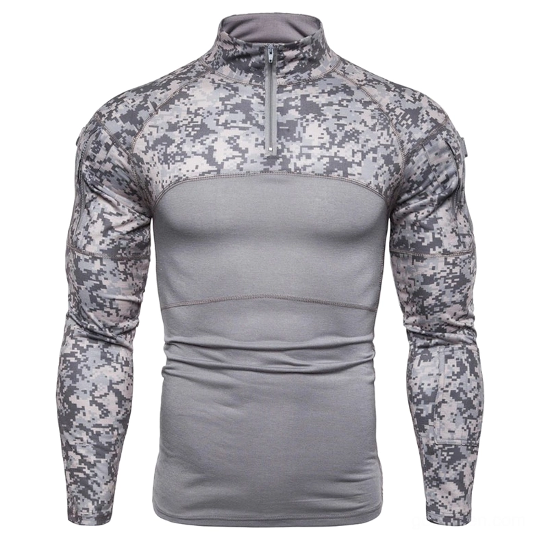 Gray digital camouflage tactical sweatshirt with solid grey front panel and pixelated camo sleeves, straight front view