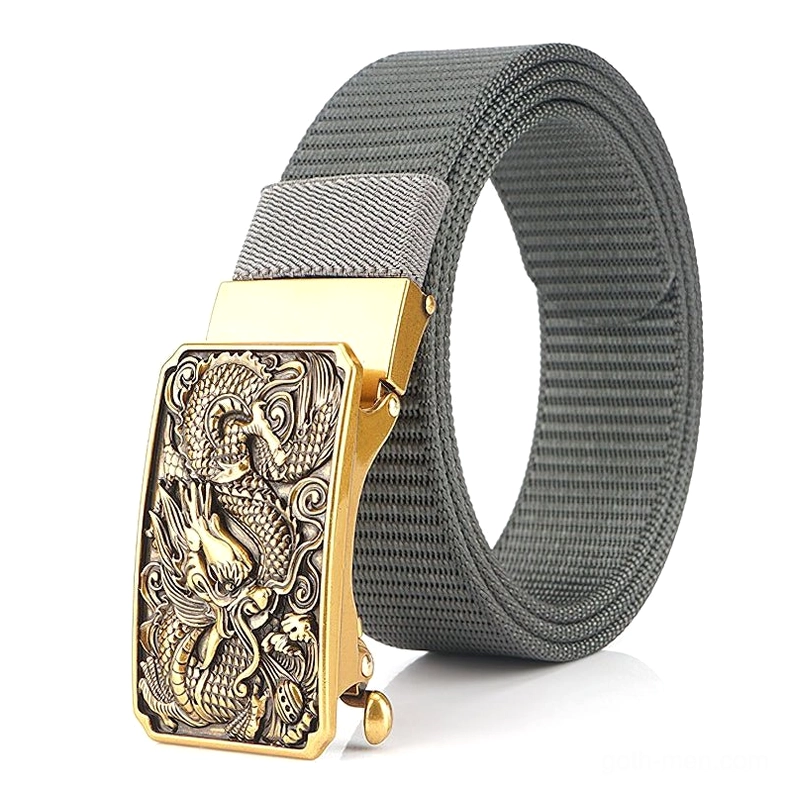 Dark charcoal gray gothic tactical nylon belt with gold-toned dragon buckle rugged woven detail