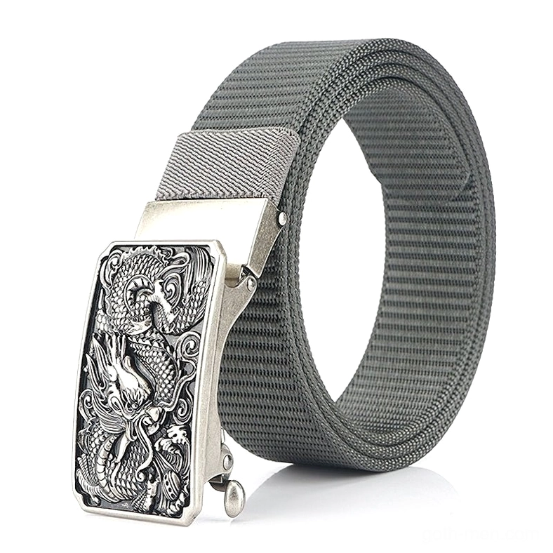 Dark gray tactical nylon belt with silver-toned embossed dragon buckle rugged military construction