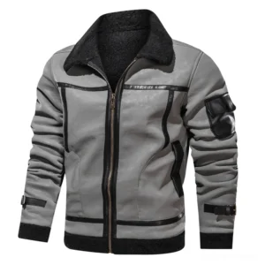 Gray gothic leather motorcycle jacket with black shearling trim and zipper closure