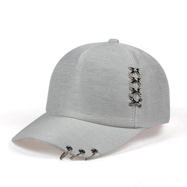 Gray gothic baseball cap with metal ring embellishments and industrial hardware details