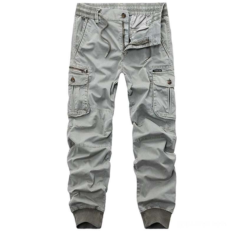 Light gray gothic cargo joggers flat lay front view with zippered pocket and ribbed tapered cuffs