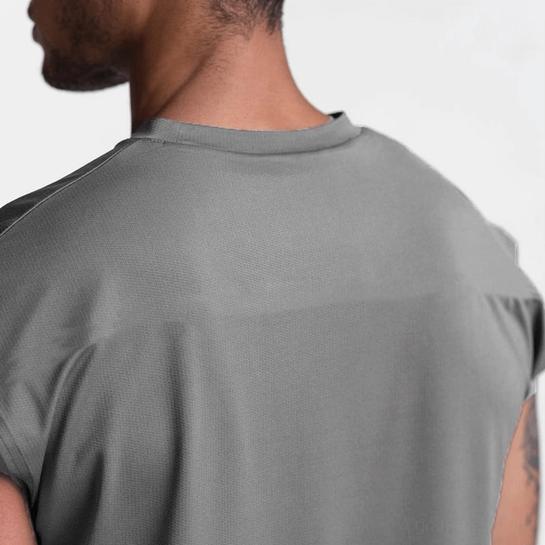 Gray gothic cross letter print sleeveless tank top back view and shoulder detail