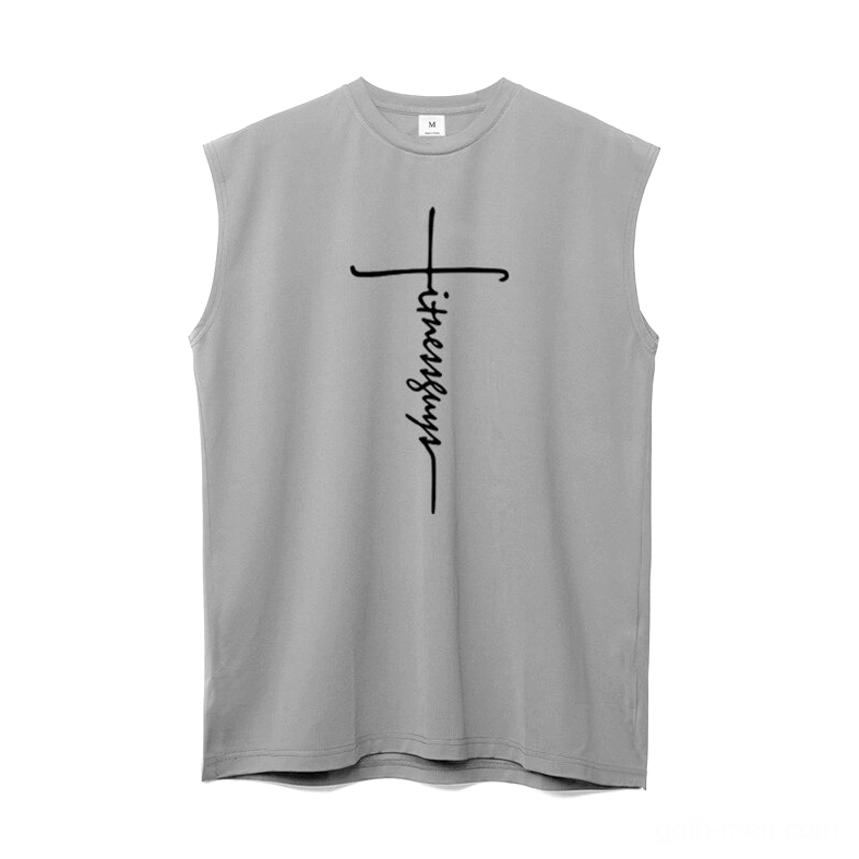 Gray gothic cross letter print sleeveless tank top flat lay, front detail view
