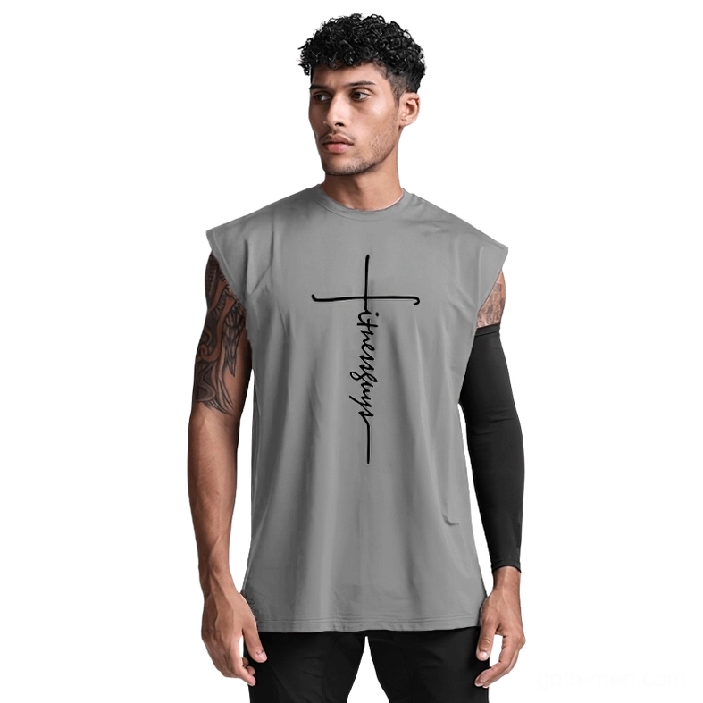 Gray gothic cross letter print sleeveless tank top worn by tattooed male model, front view