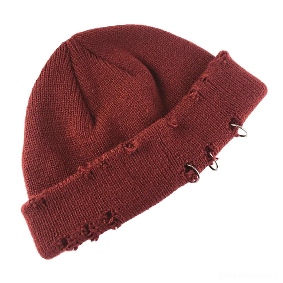 Gray gothic knit beanie with distressed texture and industrial metal ring details