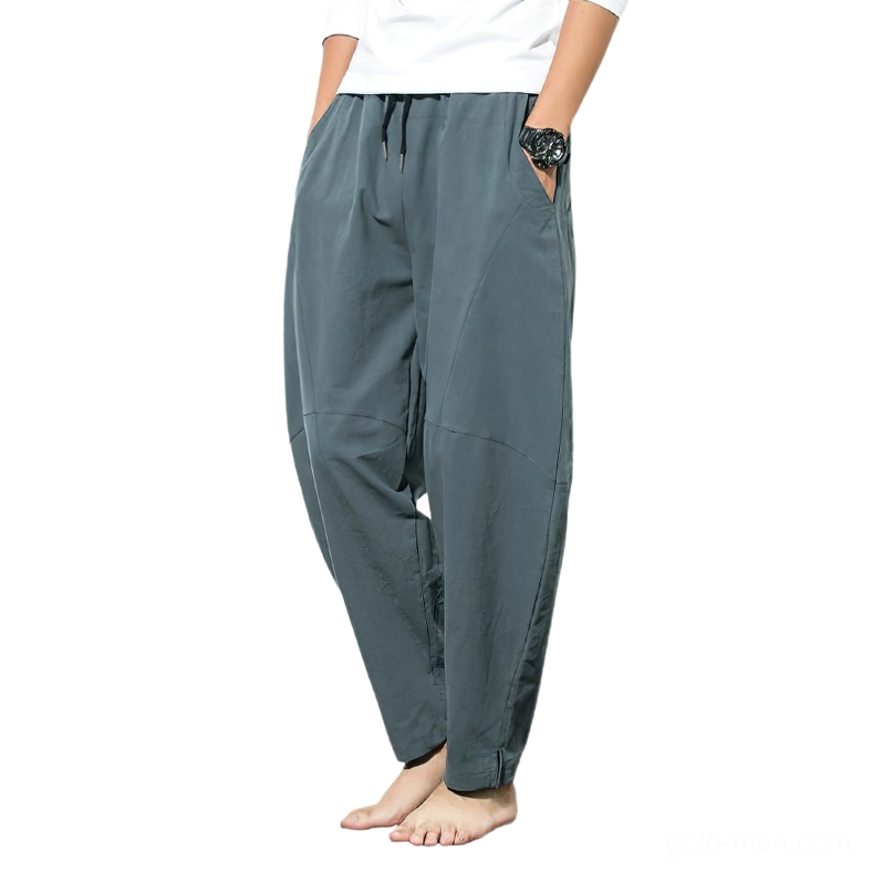 Gray linen harem pants side view showing relaxed fit and side pocket placement
