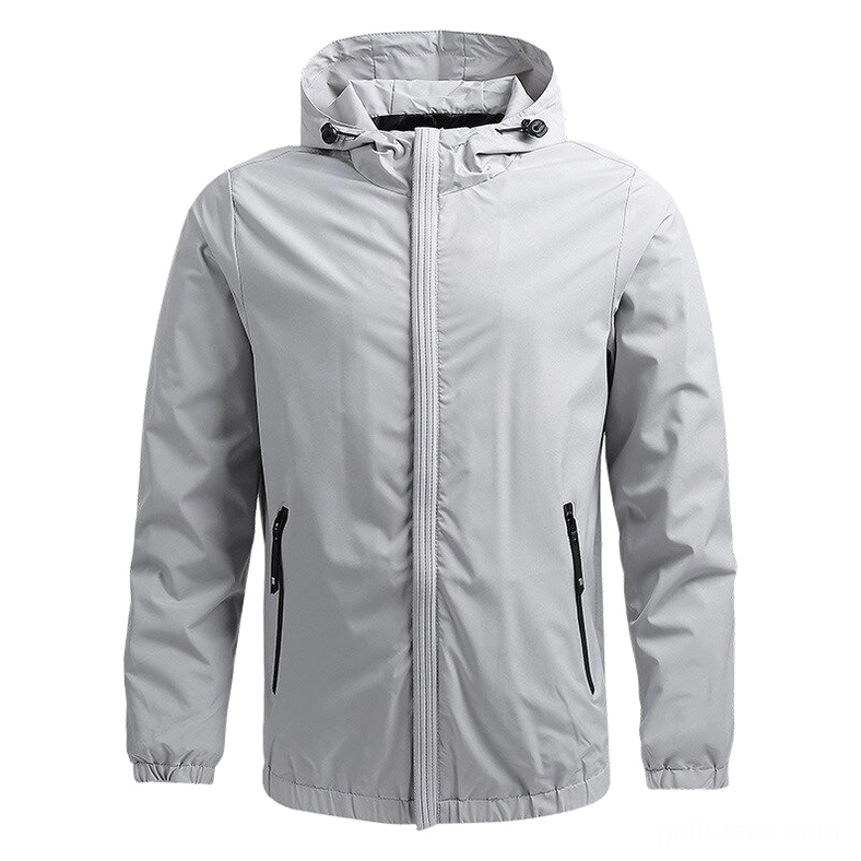 Charcoal gray gothic zip-up hoodie jacket, front view with stand collar