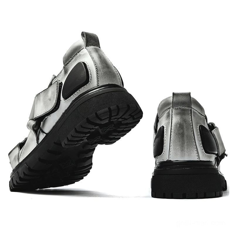 Distressed gray leather gothic loafers with black heel accents and deep tread lug rubber sole, sole and rear view