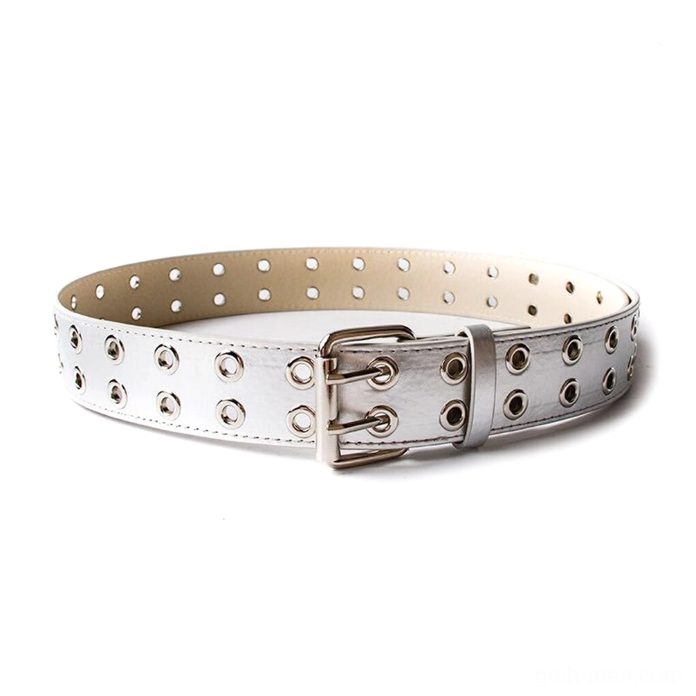 Gray PU leather gothic rivet belt with precision-engineered double eyelet rows and standard pin buckle