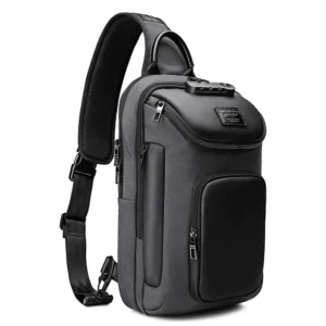 Gray waterproof mens sling crossbody bag with padded adjustable strap front three-quarter view