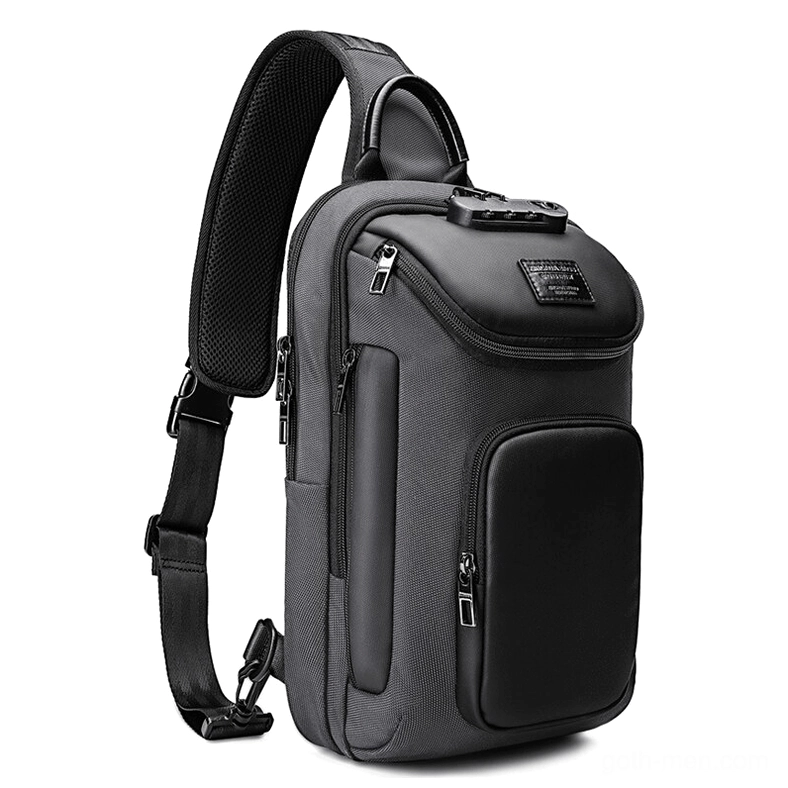 Gray waterproof mens sling crossbody bag with padded adjustable strap front three-quarter view