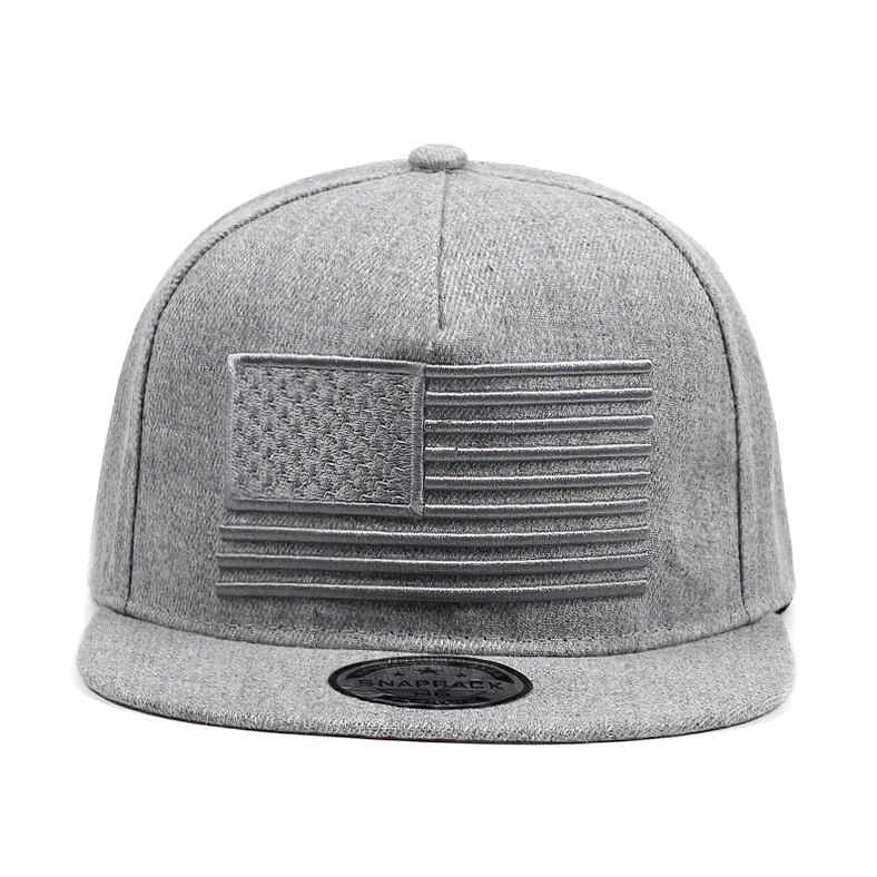 Gray gothic snapback cap with subtle flag stripe embroidery side view