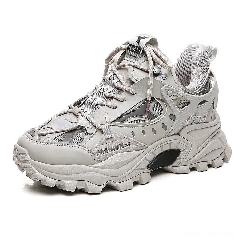 Light gray gothic alternative chunky sneakers with breathable mesh panels and lace-up closure, front facing