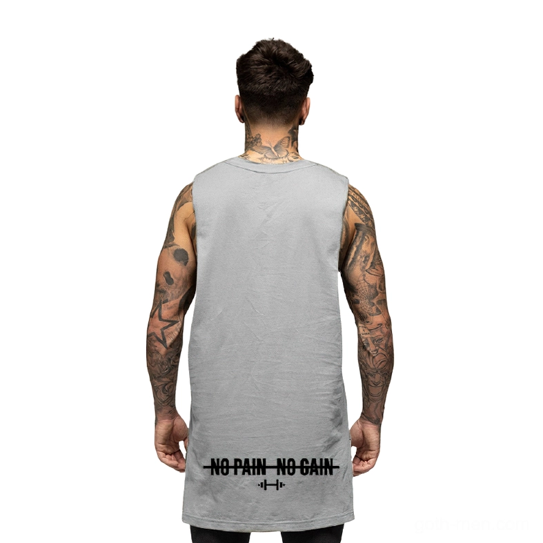 Gray gothic sleeveless shirt back view - men's tank vest with bold rebellious print and loose hem