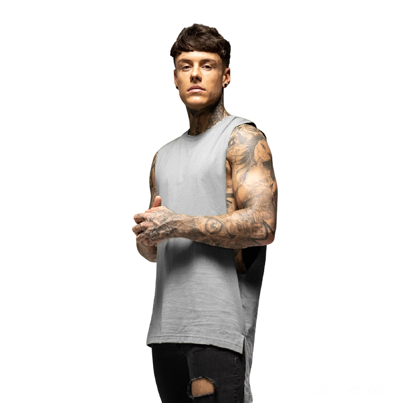 Gray gothic tank top front view - men's crew neck sleeveless vest with cutaway sides and relaxed fit