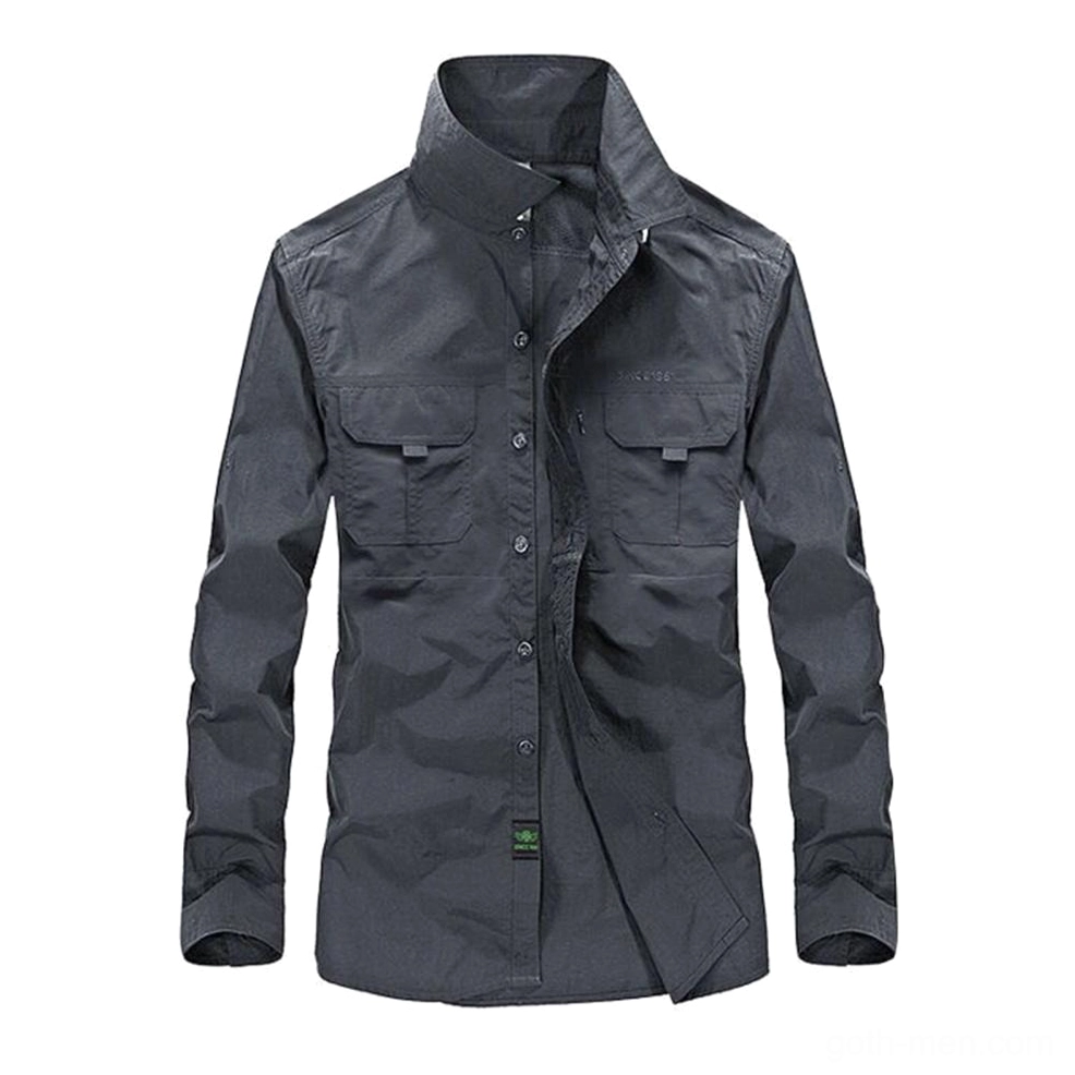 Dark gray tactical utility shirt flat lay, close-up of fabric texture and pocket construction