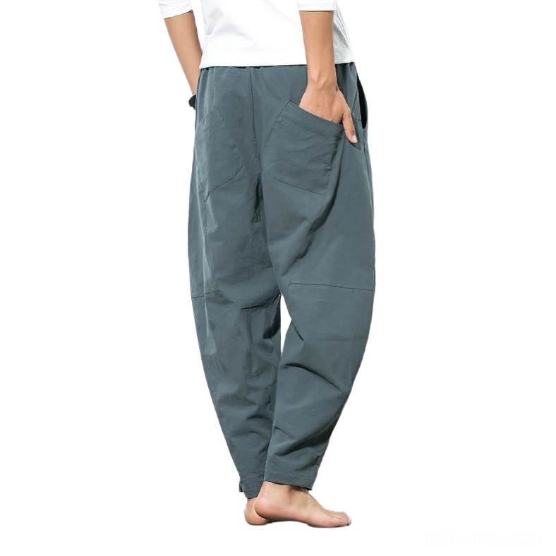 Charcoal gray harem pants detail showing drawstring waist and midweight linen fabric texture
