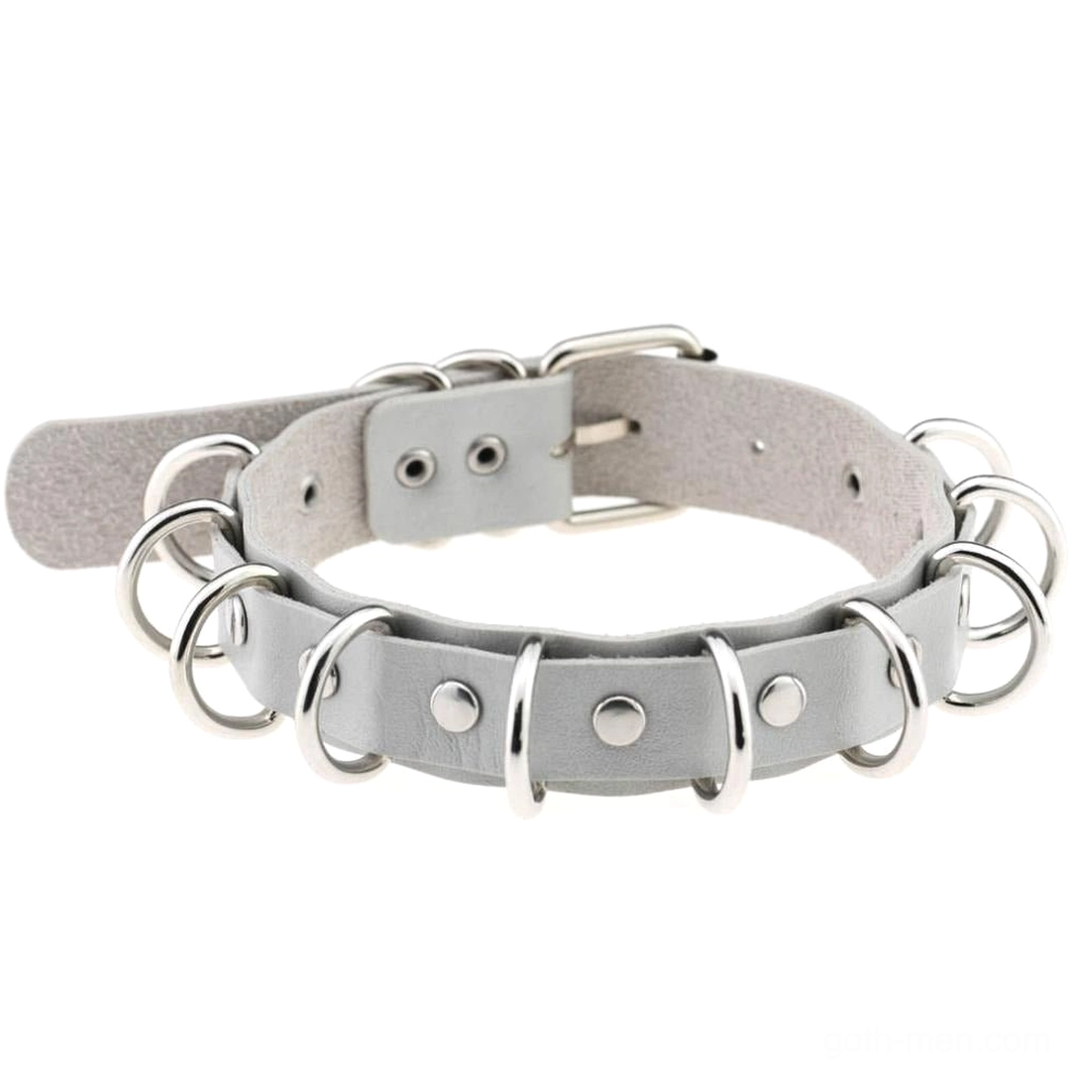 Light gray faux leather gothic choker with adjustable metal ring chain on white background