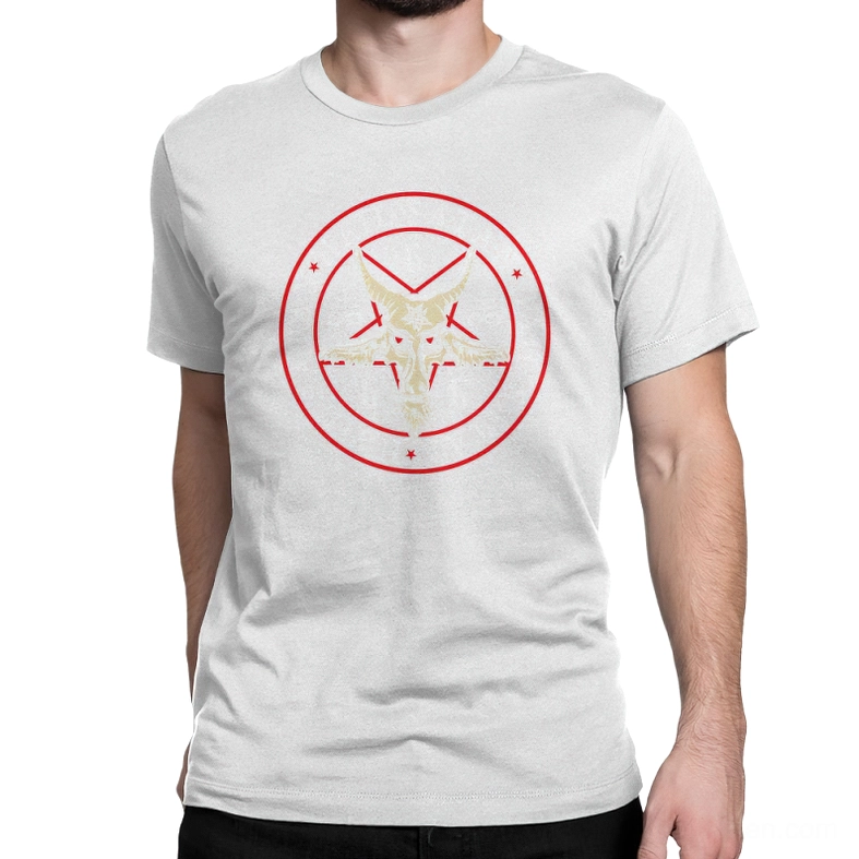 Light gray pentagram goat head graphic t-shirt on model - minimalist occult design