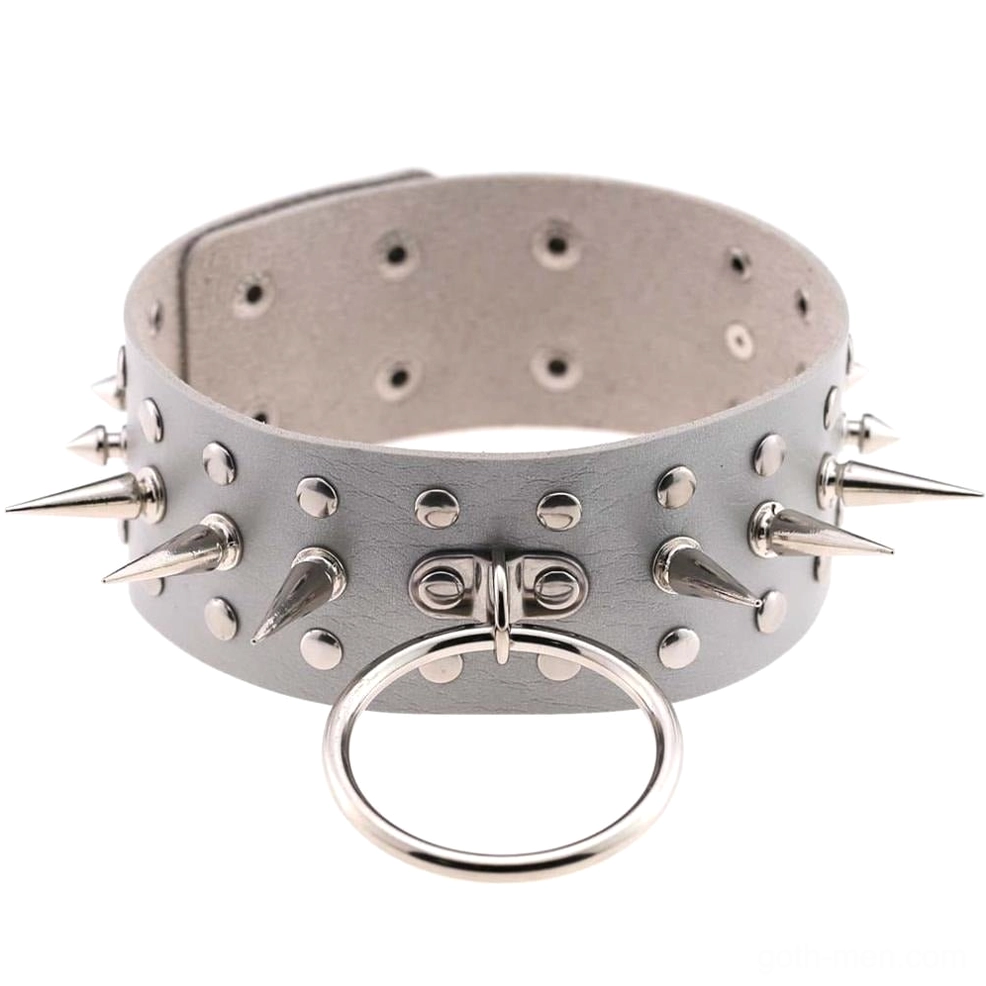 Light gray oversized leather choker with metal spike accents front flat lay display