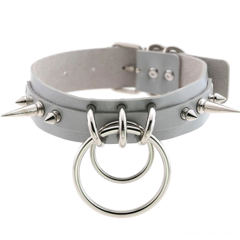 Gray spiked leather gothic choker with metal spike studs and adjustable buckle system