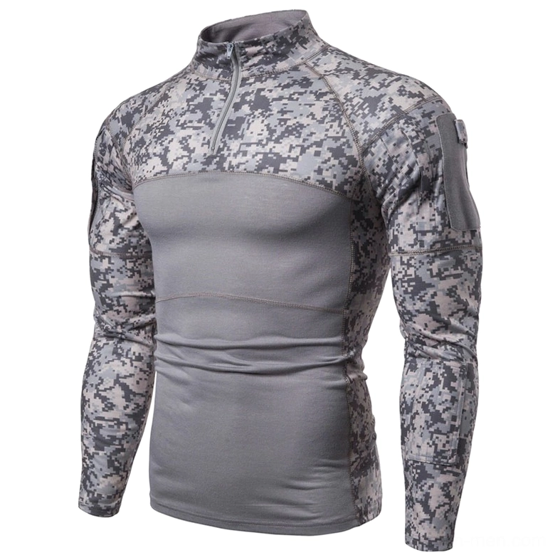 Gray digital camouflage tactical combat top with 1/4 zip collar and left sleeve utility pocket, front three-quarter