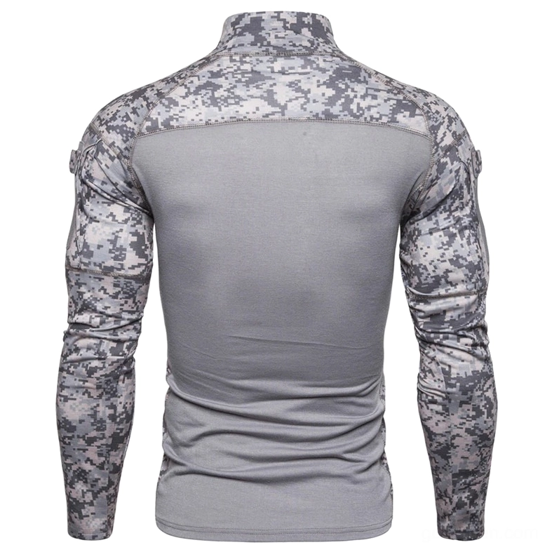 Back view of gray tactical sweatshirt showing digital camouflage pattern across upper back and shoulders