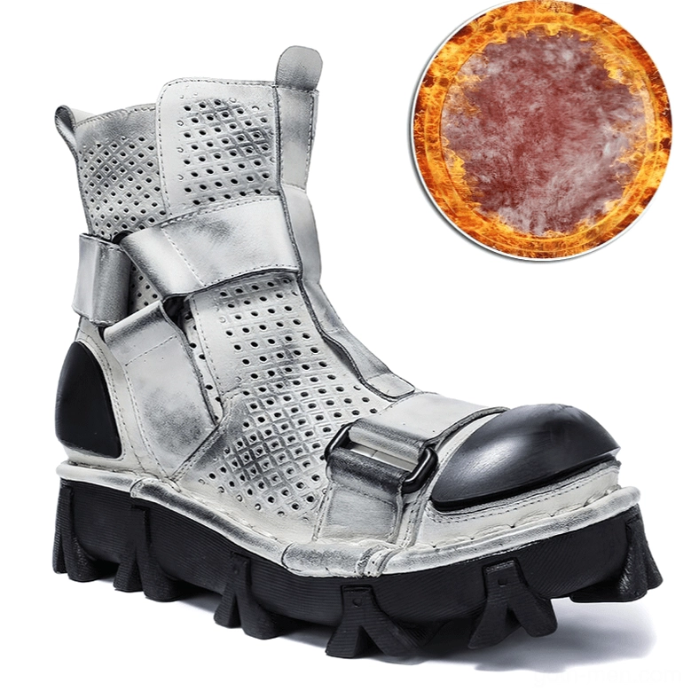 Gray plus velvet gothic punk ankle boots with color blocking and premium velvet accent details