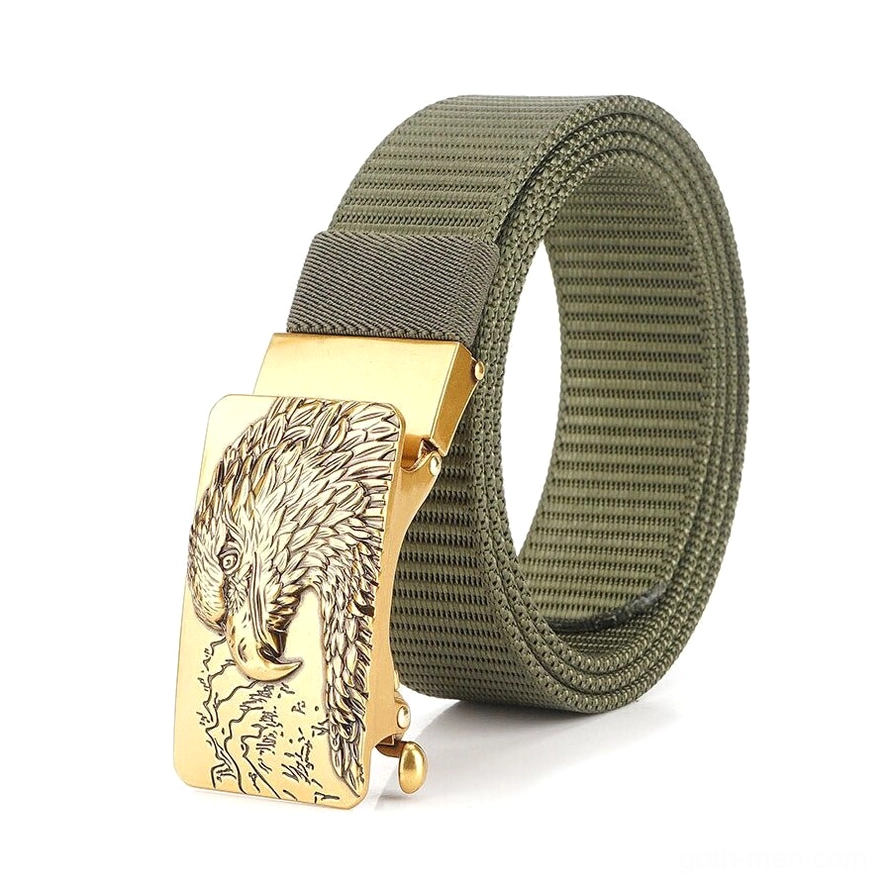 Green canvas tactical belt with gold-toned eagle buckle alternative color variant three-quarter side view