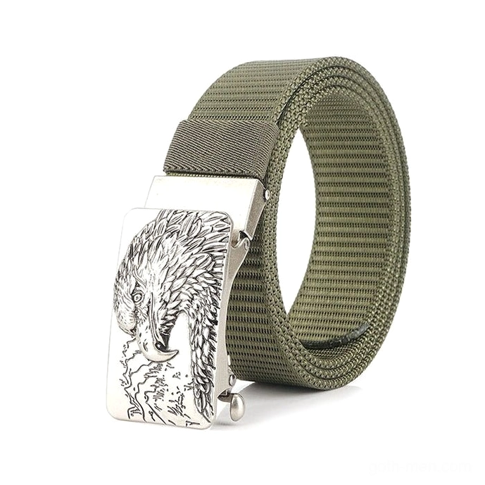 Green gothic tactical canvas belt with silver-toned eagle buckle showcasing bold color choice for gothic individualists