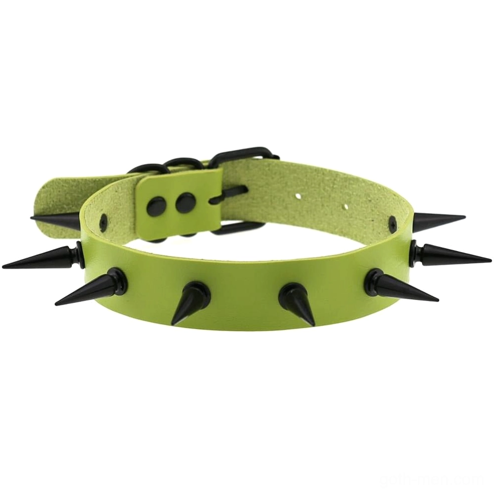 Green leather gothic choker with matte black metal spikes, adjustable collar style