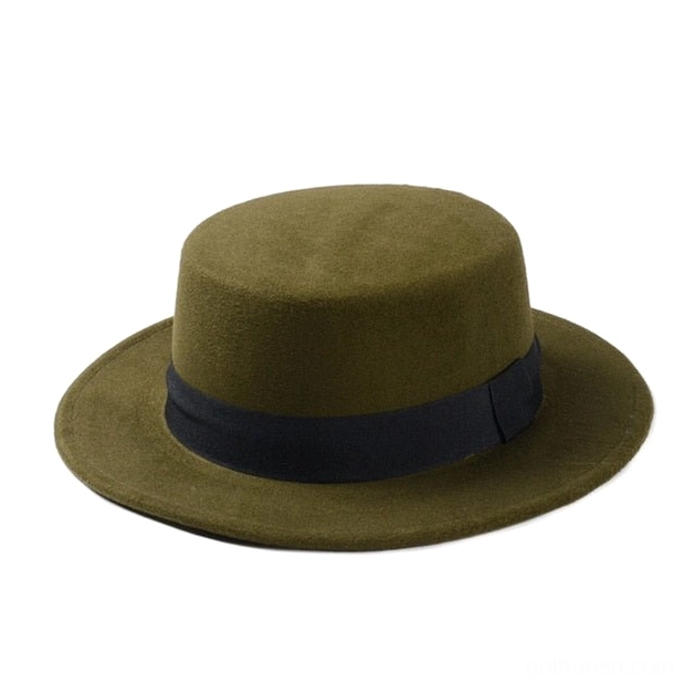 Olive green wool felt flat top fedora with black satin ribbon, front view witchy gothic aesthetic