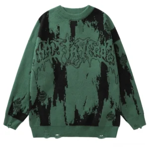 Forest green gothic typography knit sweater oversized pullover front display with frayed hem