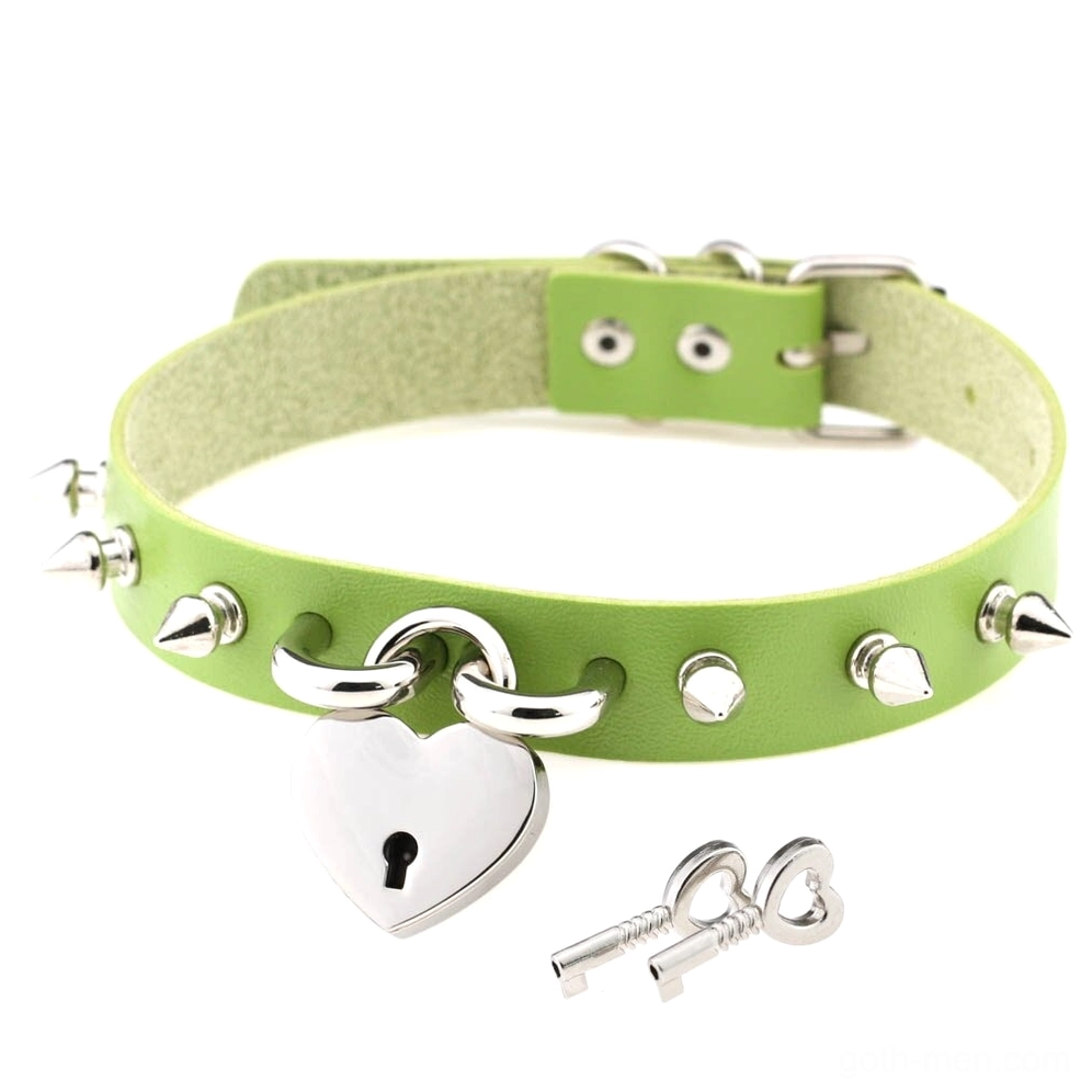 Green PU leather punk spike choker with heart lock and silver metal details flat lay view