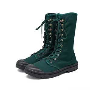 Dark green canvas mid-calf gothic combat boots with silver metal eyelets front paired display