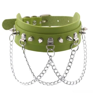 Green vegan leather spiked choker with layered metal chains and cone spikes, product showcase on white background